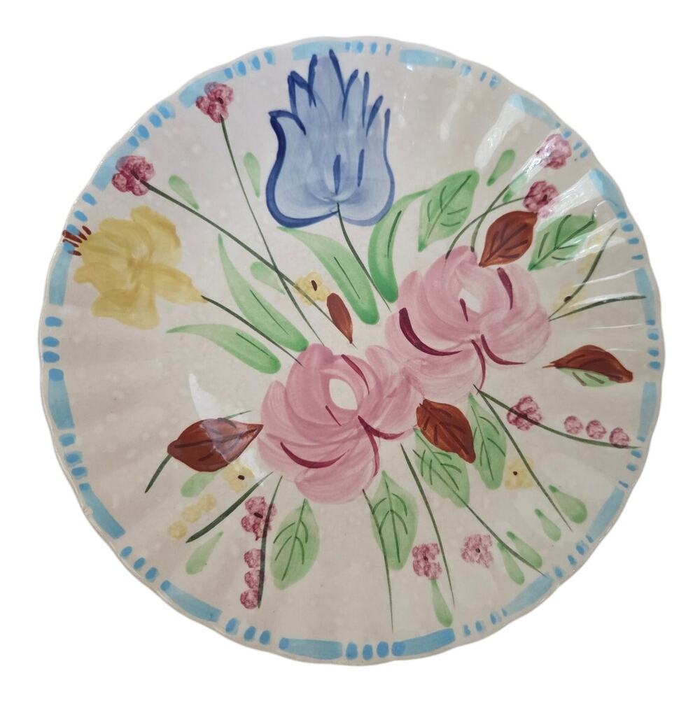 Vtg Blue Ridge Floral Ribbed Plate Blue Rim Ruffle Tulip Flowers Cottage Core